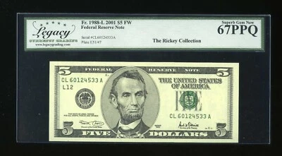 DBR 2001 $5 FRN San Francisco Superb Gem Fr. 1988-L Legacy 67 PPQ S# CL60124533A - Image 1 of 2