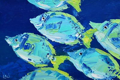 Blue Fishes Original Oil Painting 4"x6" Ocean art Underwater world - Image 1 of 4