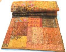 Vintage Sari Printed Silk Patchwork Kantha Quilt Reversible Bed Cover Throw Rali