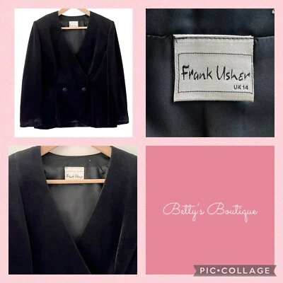 Vintage FRANK USHER Velvet Blazer - Size 14 - Black 80s Double Breasted Jacket - Image 1 of 4