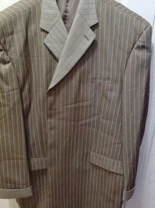 Mens Suit Size 60 Milano Moda Pinstripe Brown Taupe Stripe 3 Peice French Cuffs - Picture 1 of 8