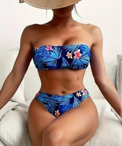 New Floral Leaf Print Blue Bandeau Strapless 2 Piece Bikini - Size 12-14 - Picture 1 of 5