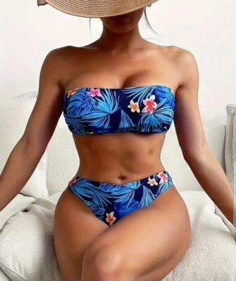 New Floral Leaf Print Blue Bandeau Strapless 2 Piece Bikini - Size 12-14  - Image 1 of 4