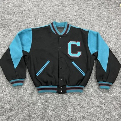 VINTAGE Golden Bear Varsity Jacket Mens Medium Black Blue Leather Wool CISCO USA - Image 1 of 4
