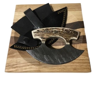 Medium Stag Handle Wood Handle Ulu Knife 5" Damascus Blade Bowl Leather Sheath - Picture 1 of 8