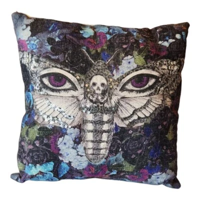 Mystical Death Head Moth Decorative Accent Pillow Sequins Gothic Decor Throw - Image 1 of 4