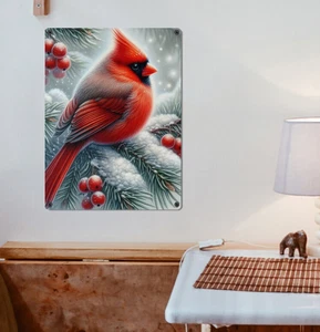 Letrero de arte de pared de metal cardenal rojo de invierno para decoración del hogar 12x16 grande - Imagen 1 de 4