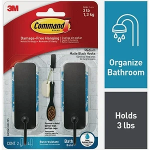 Command Medium Bath Hooks, Matte Black, 2 Hooks, 4 Strips BATH43-MB-2ES Command - Picture 1 of 4
