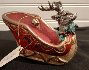 Transpac Rentierschlitten aus mundgeblasenem Glas mit Weihnachtskranz Ornament Neu mit Etikett - Bild 1 von 7