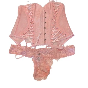 Adore Me Pink Floral Lace Up Corset Garter Thong Lingerie Set 2X - Picture 1 of 12