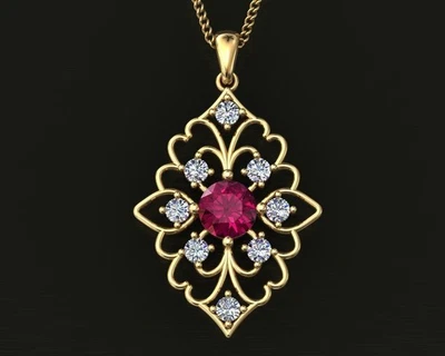 Ciondolo in argento sterling 925 con rubino naturale e zirconi placcato oro - Immagine 1 di 4