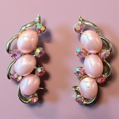 Pink Clip On Climber Earrings Signed STAR Pearl Rhinestone Vintage  - Image 1 of 4
