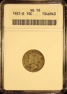1921-D Mercury Silver Dime - ANACS VG10! Nice Semi-Key Date Denver Mintage! - Picture 1 of 5