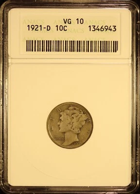 1921-D Mercury Silver Dime - ANACS VG10! Nice Semi-Key Date Denver Mintage! - Image 1 of 4