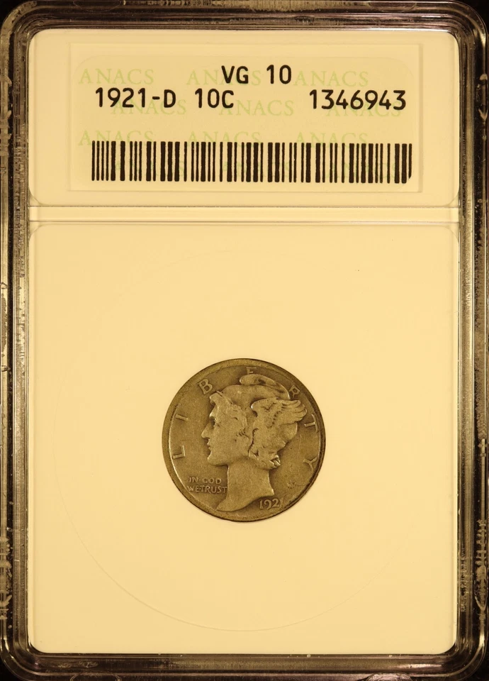 1921-D Mercury Silver Dime - ANACS VG10! Nice Semi-Key Date Denver Mintage! - Image 1 of 4