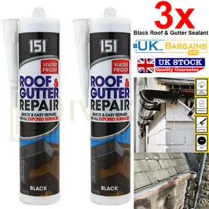 3x 151 Black Roof Gutter Sealant Waterproof Silicone Cartridge All Weather Shed. - Picture 1 of 5