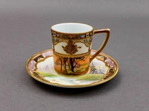Nippon Japan Gold Moriage Beaded Jeweled Lanscape Scene Demitasse Cup & Saucer - Picture 1 of 10