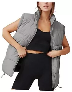 Womens Zip Up Puffer Vest Stand Collar Sleeveless Padded Jacket Medium Grey - Picture 1 of 7