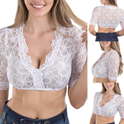 Damen Sexy Spitze Dirndlbluse 3/4 Arm weiß Trachten Bluse Oktoberfest Wrap Crop - Bild 1 von 4