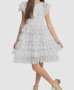 $186 Zoe Ltd Kids Girls White Black Star Tiered Ruffle Fit Flare Dress Size 12 - Picture 1 of 2