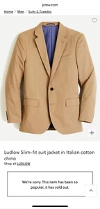 J.Crew Ludlow Suit Double Vent Jacket Italian Chino 38S Navy Brand New A0498 - Picture 1 of 2