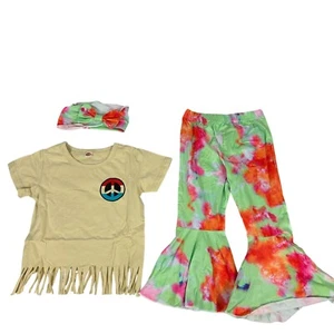 T-shirt bambini segno di pace frange e fondo a campana tie-dye con fascia taglia 5T - Foto 1 di 13