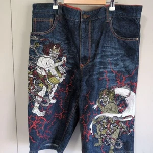 Kacho Fugetsu Men's Denim Jeans Half Pants Fujin Raijin Embroidered Blue Size 38 - Picture 1 of 6