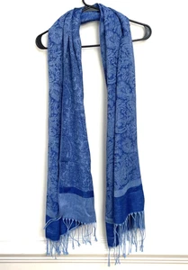 Sciarpa Pashmina scialle avvolgente blu paisley floreale frange misto seta 76" x 27" - Foto 1 di 6