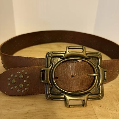Linea Pelle Women's Brown Studded Leather Wide Belt Sz M Large Statement Buckle - Image 1 of 4