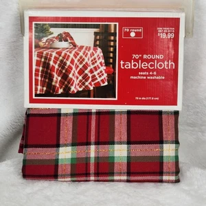 New 2009 Target HOLIDAY Red Plaid TABLECLOTH Round 70 Inch Made In India NOS - Picture 1 of 9