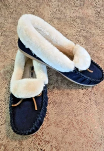 Minnetonka Blue Suede Leather w/Faux Fur Moccasins/Slippers Women's Size 11 NWOB - Picture 1 of 6