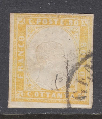 Sardinia Sc 14a used 1860-61 80c yellow King Victor Emmanuel II, GENOVA cancel - Image 1 of 2