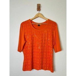 St. John Orange Square Glossy Print Quarter Sleeve Top Size Large - Picture 1 of 5