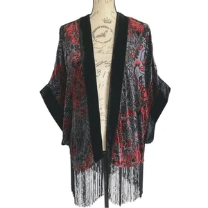 Kimono Chico's Traveler Terciopelo Burnout Flecos S/M Negro Rojo Floral Paisley Boho - Imagen 1 de 14