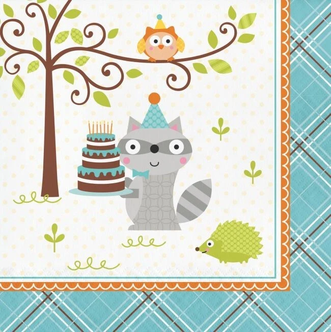 Happy Woodland Boy 3-Ply Paper Lunch Napkins 16 Pack Owl Birthday Tableware - Image 1 of 1