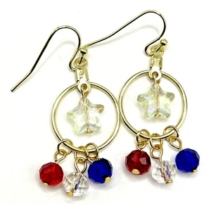 Patriotic Stars Red, White & Blue Glass Dangle Drop Hoop Earrings USA Olympics - Picture 1 of 5