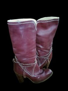 Vintage ZODIAC Burgundy Red Leather Heeled Boots W/Ankle Strap Women’s Size 8