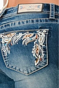 Grace in LA Women's Western Feather Embroidered Stonewashed Bootcut Jeans - Picture 1 of 3