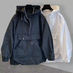 Men's Casual Anorak Hooded Windbreaker Plain Pullover Waterproof Two Tone Hoodie - Picture 1 of 24