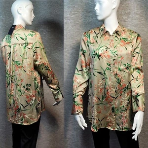 M&S Floral print SATIN Longline BLOUSE / SHIRT ~ Size 14 ~ Beige Mix - Picture 1 of 10