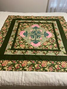 MULTIPLE FLORAL W/ ANTIQUE PENNY QUILT TOP ONLY WALL OR TABLE TOPPER 45" BY 45"