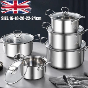 5Pcs Stainless Steel Cookware Set Casserole Stockpot Pot Hob With Glass Lids UK - Picture 1 of 12