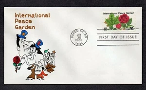 USA 1982 FDC HAND PAINTED RICHARD ELLIS ANIMATED INTERNATIONAL PEACE GARDEN - Picture 1 of 1