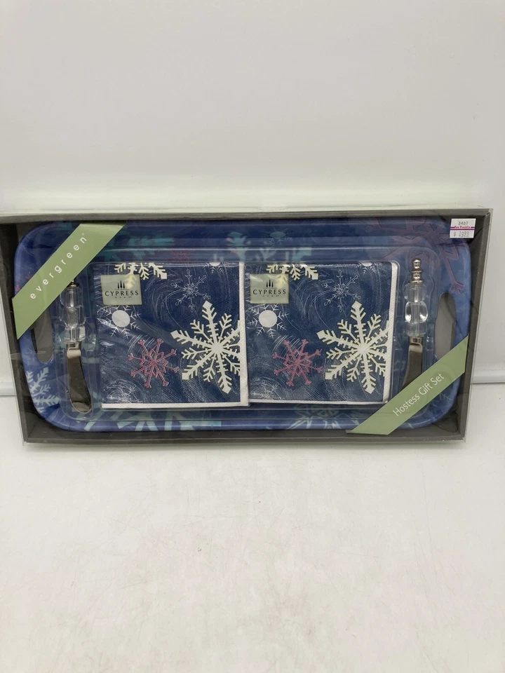 NUEVO Cypress Home Evergreen Copo de Nieve Anfitriona Set de Regalo con Bandeja, Servilletas, Esparcidor Foto 1 de 4
