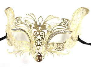 Gold Fox Cat Laser Cut Venetian Mask Masquerade Metal Filigree Crystal Golden - Picture 1 of 3