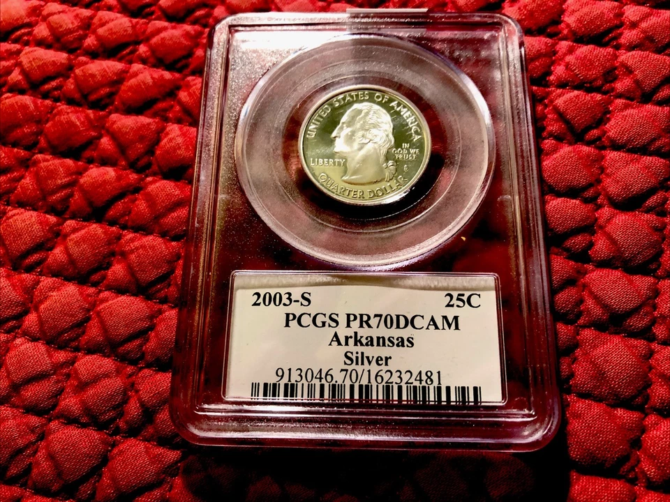 2003-S 25c Arkansas SILVER State Flag Label Quarter Proof Coin PCGS PR70DCAM - Image 1 of 2
