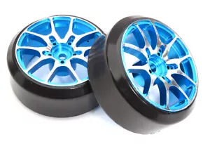 Blue Alloy Machined 10-Spoke Wheels & Tires Set (2) for 1/10 Scale Drift W=26mm - Picture 1 of 1