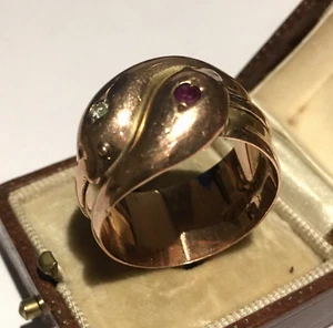 Antique Snake Ring, Gold Snake Ring, 9 Ct Diamond and Ruby Rare Ring - Picture 1 of 10
