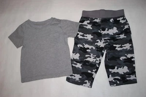 Baby Boys Outfit GRAY S/S TEE SHIRT Pocket GRAY WHITE CAMO PANTS Woven 6-9 MO - Picture 1 of 1