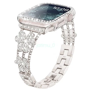 For Apple Watch SE 1-8 Fashionable Diamond Inlaid Clover Metal Watch Strap - Picture 1 of 12